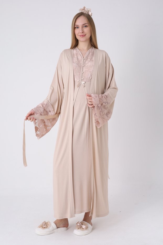 New Season Mink Summer Premium Lace Detailed Full Length Short Sleeve Dressing Gown Maternity Dressing Gown Nightgown Set