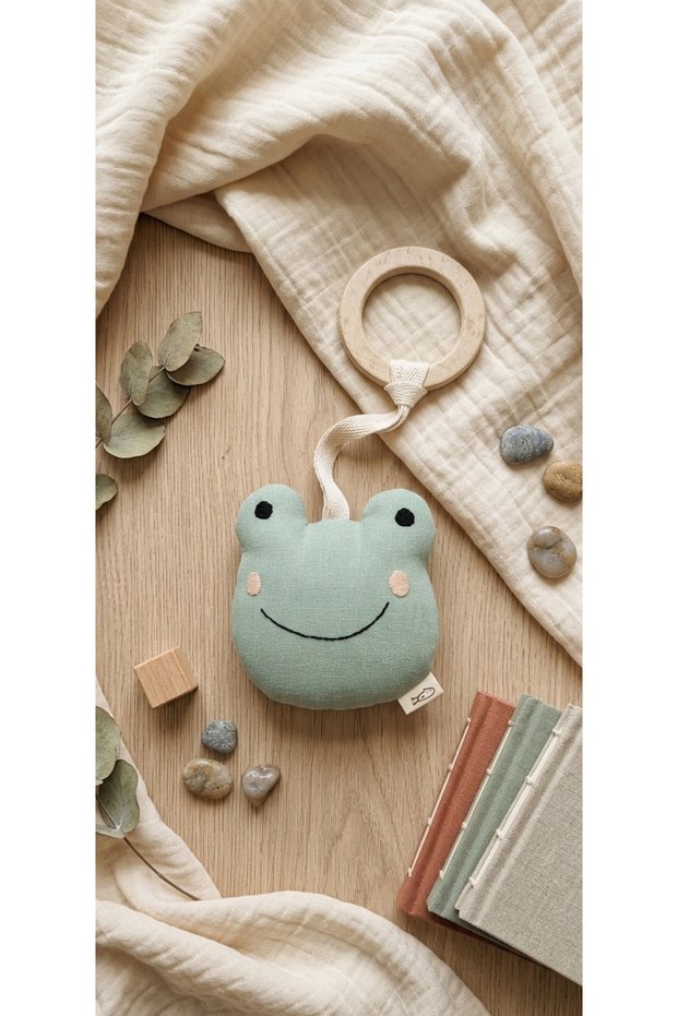 Natural Wooden Teether with Cute Frog Muslin Toy / Baby Room Decor / Baby Gift