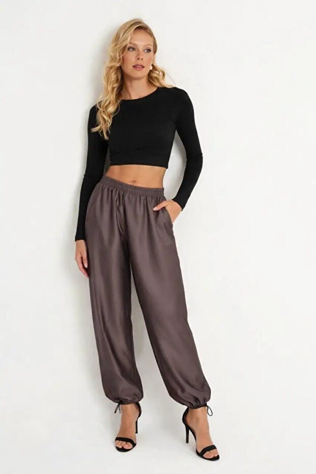Satin Textured Elastic Leg Detail High Waist Loose Pants