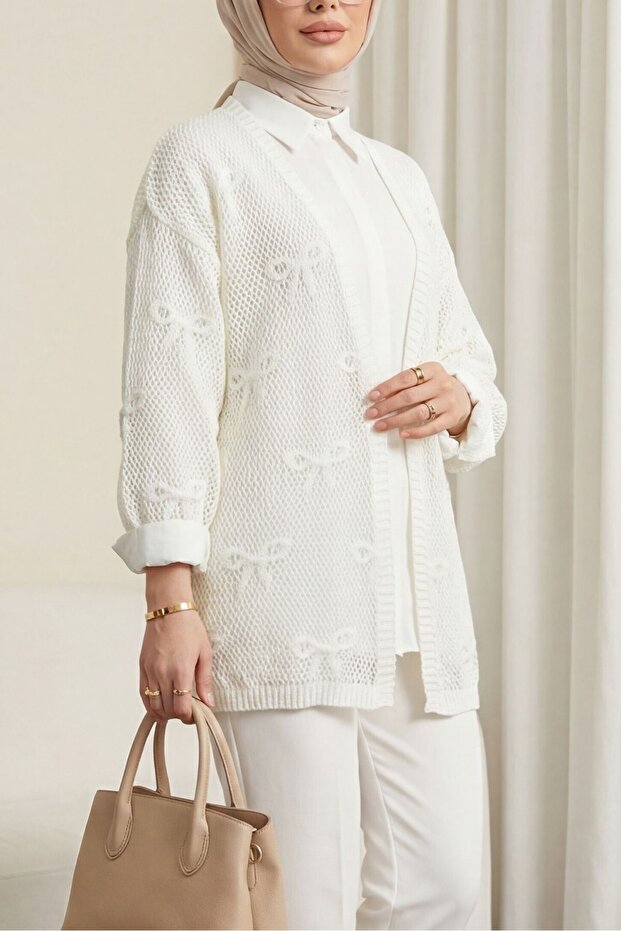 Bow Patterned Openwork Knitwear Cardigan -White
