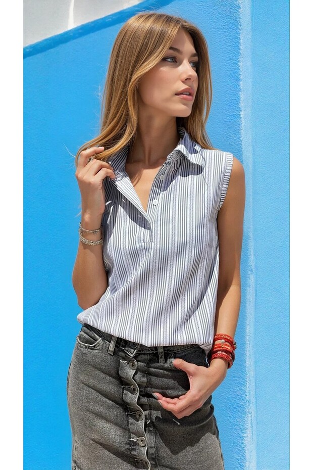 Women's Navy Blue Striped Scallop Fabric, Patched, Zero Sleeve Summer Shirt Blouse 7003422187