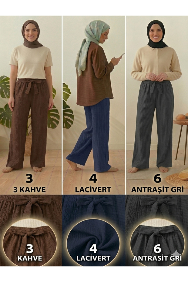 Women's Brown Navy Blue Anthracite Gray 3-Pack Seersucker Elastic Casual Wide Leg Pants Set