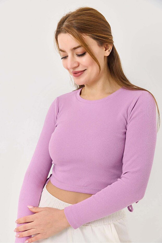 Women's Side Drawstring Crop Ribbed Blouse Lilac