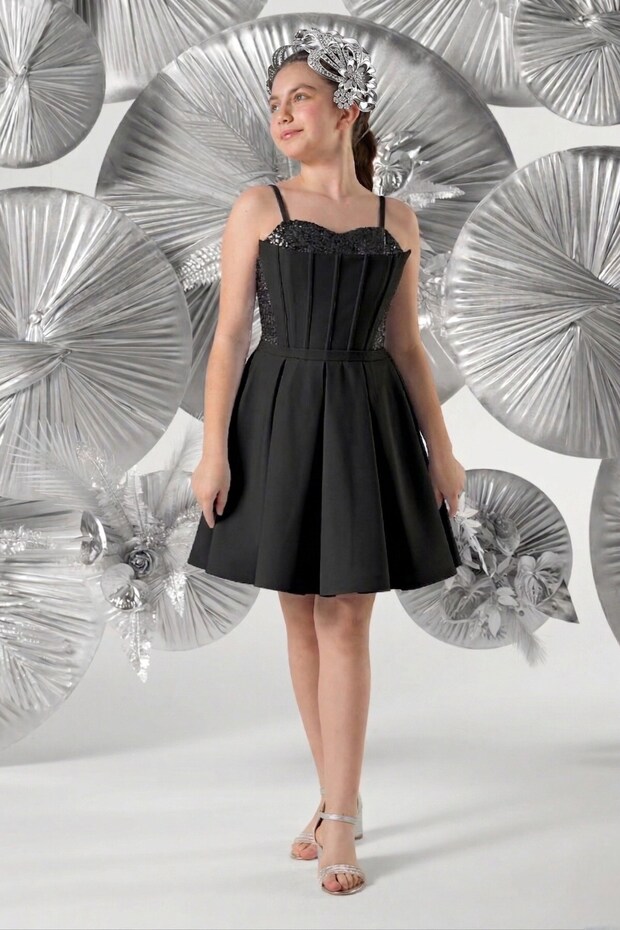 Mojo girls' 10-15 year old sequin embellished corsage short evening dress black