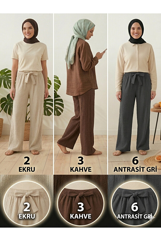 Women's Ecru Brown Anthracite Gray 3-Pack Seersucker Elasticized Casual Wide Leg Pants Set