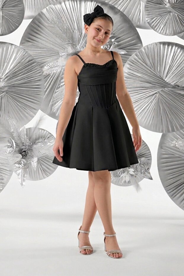 Mojo Girl's 10-15 Years Old Sequin Embroidered Draped Short Evening Dress Black
