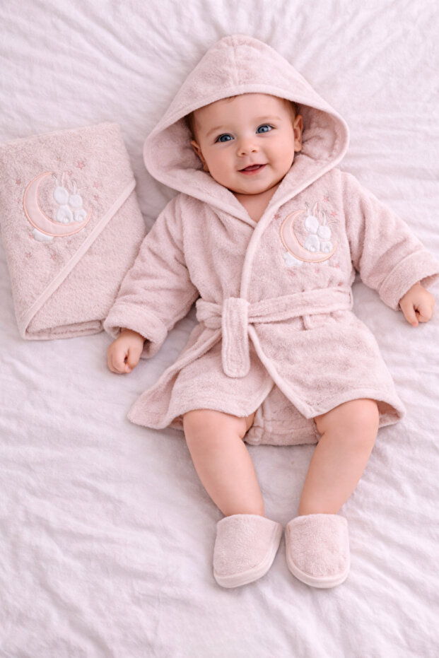 Luxury Baby Bathrobe Set – Embroidered Hooded Baby Bathrobe Set - 3 Pieces