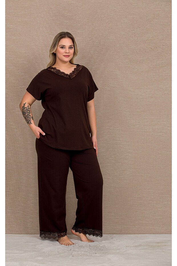 New Season Women's Brown V-Neck Design Short Sleeve Summer Large Size (Oversize) Pajama Set