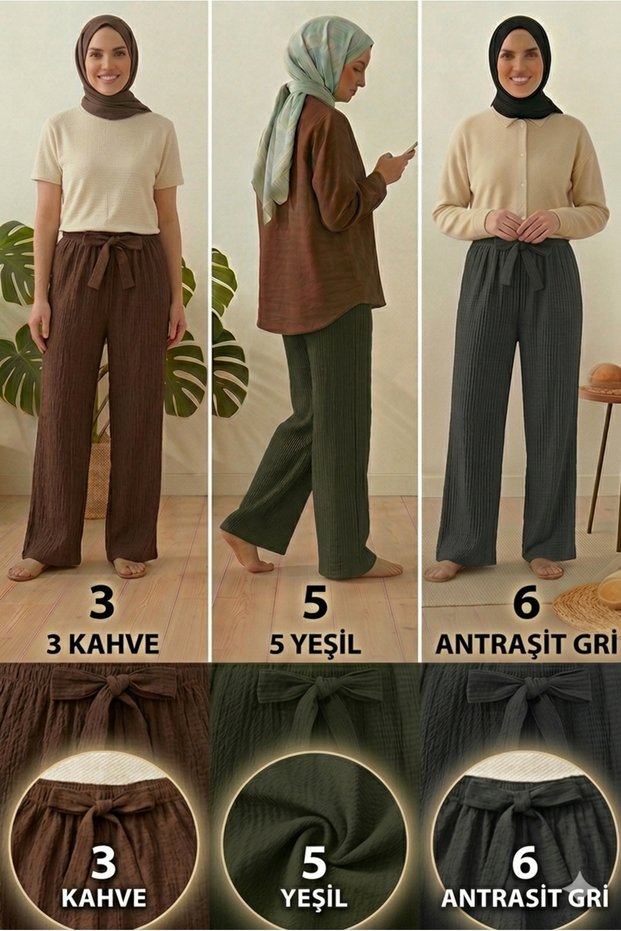 Women's Brown Green Anthracite Gray 3-Pack Seersucker Elastic Casual Wide Leg Pants Set