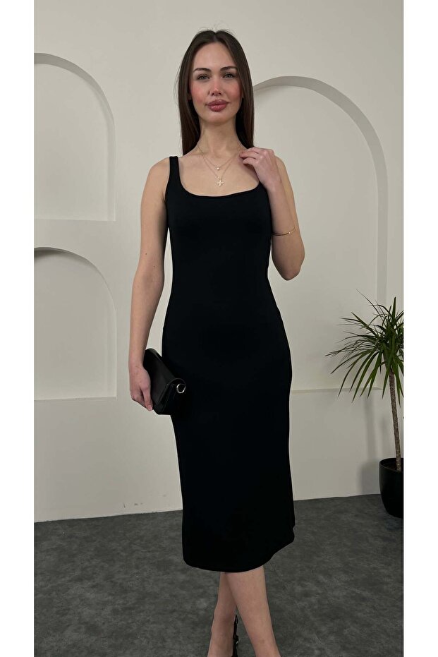 Strappy U-Neck Midi Dress Black Color