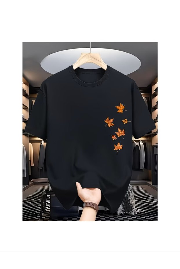 Maple Leaf Print T-Shirt - Short Sleeve Round Neck