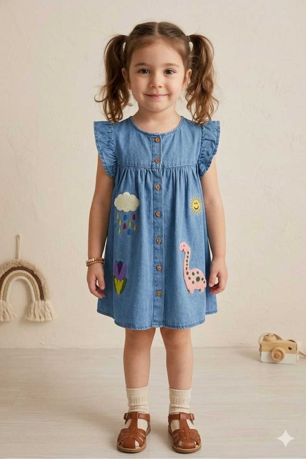 Girl's Embroidered Denim Dress - Buttoned Flounce Sleeve Jean Dress