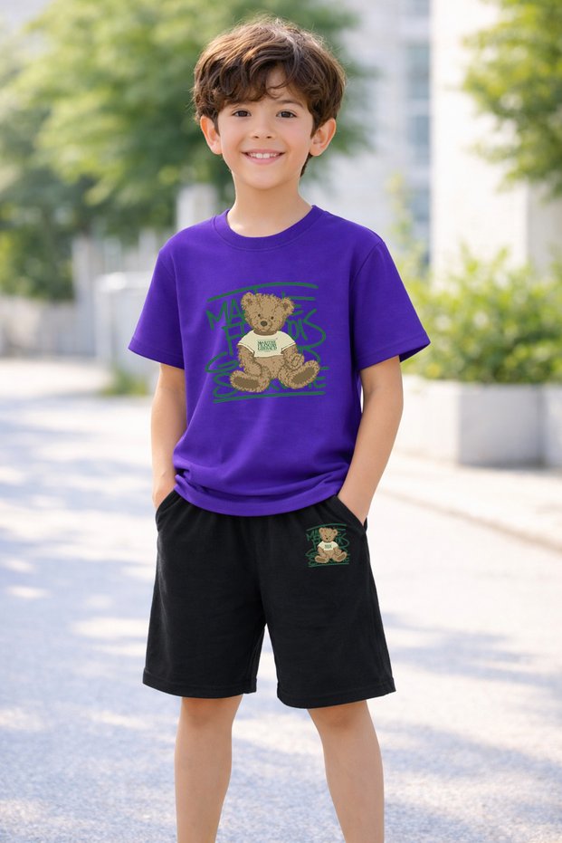 Boy's - Girl's T-Shirt Shorts Set 100% Cotton Summer Comfortable Fit Printed T-Shirt Children's Combination