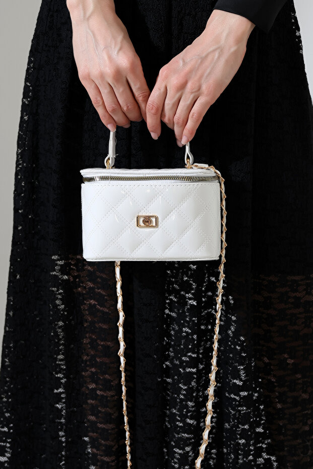 White Patent Leather Mini Box Women's Bag with Quilted Pattern and Cross Chain Strap, Daily Stylish Bag