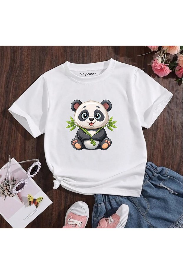 Panda Green Branch Printed 100% Cotton Crew Neck Kids Unisex T-Shirt 5 6 -7 8-9 10 -11 12 Years Old