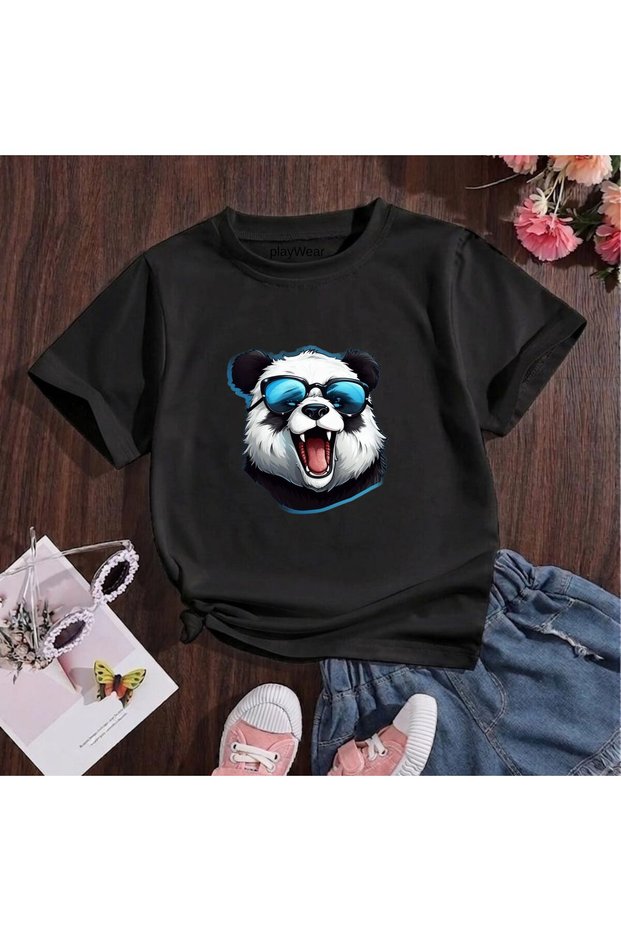 Panda with Glasses Printed 100% Cotton Crew Neck Kids Unisex T-Shirt 5 6 -7 8-9 10 -11 12 Years Old