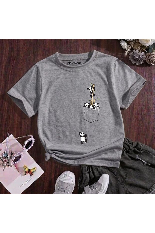 Mini Cep Panda Printed 100% Cotton Crew Neck Kids Unisex T-Shirt 5 6 -7 8-9 10 -11 12 Years Old