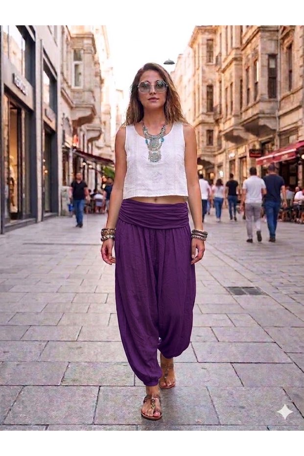 Women's Italian Purple Plain Patterned Viscose Loose Shalwar Trousers with Elastic Waist and Cuffs
