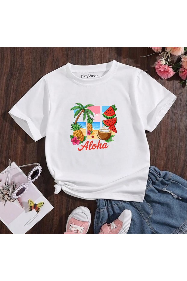Aloha Watermelon Printed 100% Cotton Crew Neck Kids Unisex T-Shirt 5 6 -7 8-9 10 -11 12 Years Old