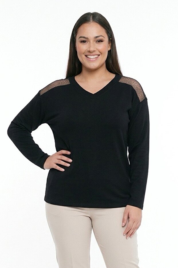 Women's V-Neck Stone Printed Tulle Detailed Lycra Strawberry Plus Size Blouse