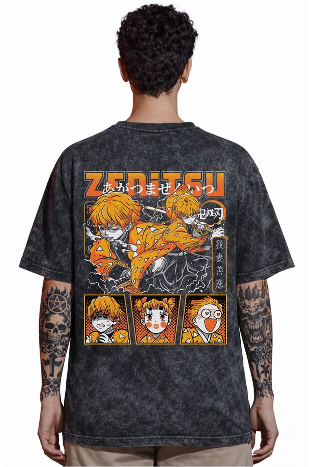 Zenitsu Agatsuma Kimetsu No Yaiba Anime Back Printed Unisex Oversize Vintage Washed T-Shirt