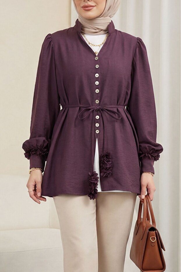 V-Neck Modal Shirt with Floral Sleeves and Buttoned Lace-Up - Plum