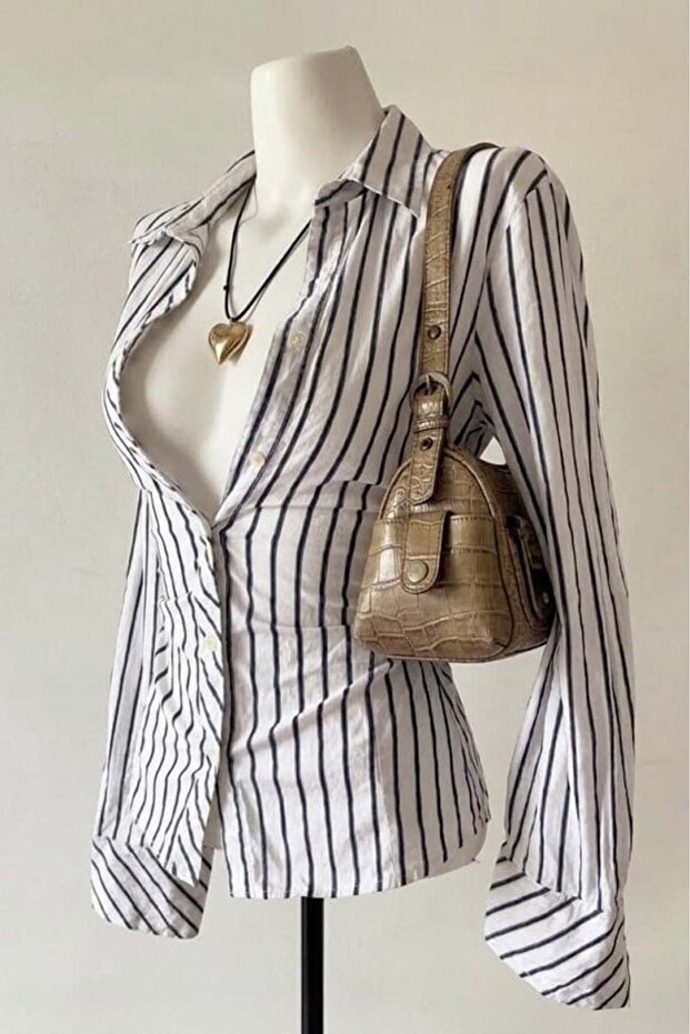 Slim Fit Striped Vintage Puff Sleeve Long Sleeve Shirt