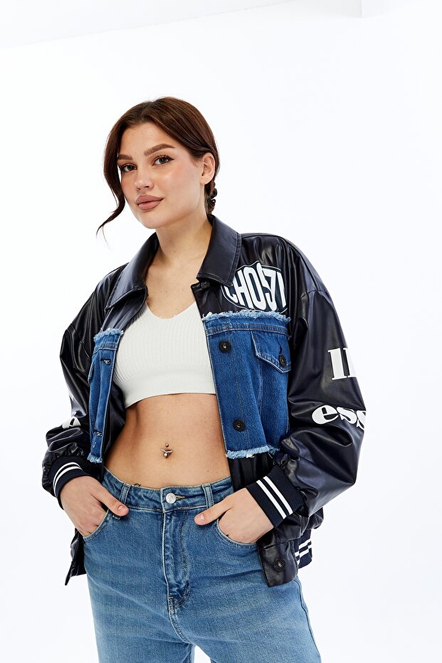 Women's Oversize Leather and Denim Combination Printed College Coat Ribbed Bomber Jacket Biker Racer Coat