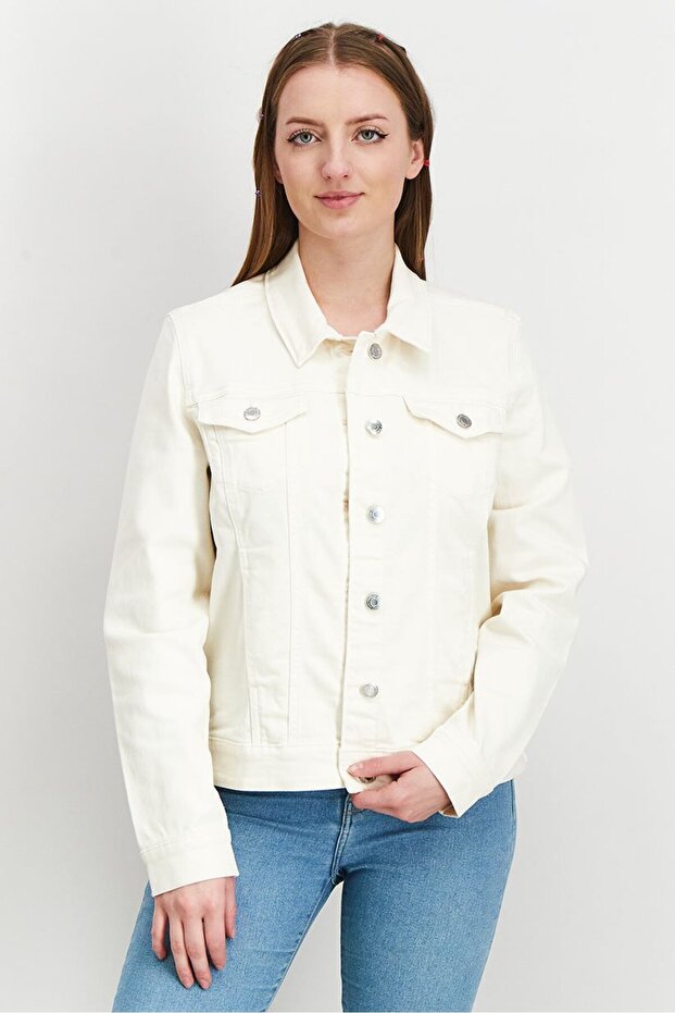 Women Solid Denim Jacket, Off White - 1