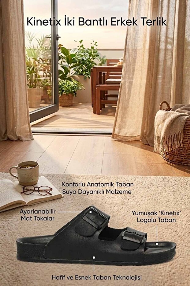 Men's Black Double Buckle Adjustable Anatomical Sole Daily Slippers