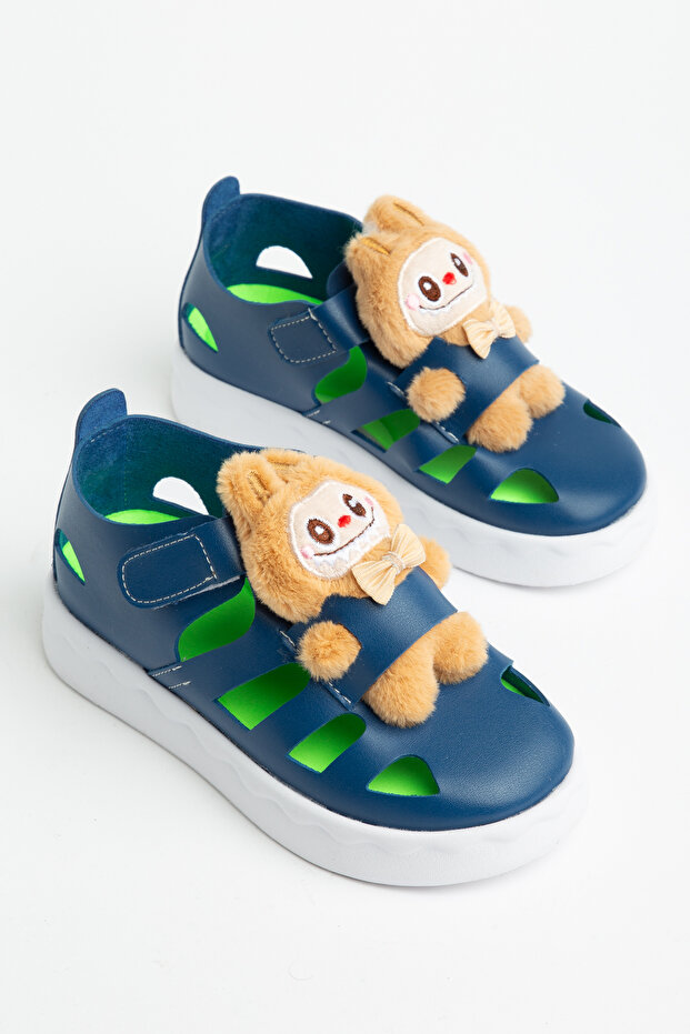 Children's Unisex Navy Blue Light Sole Teddy Bear Detailed Velcro Sandals