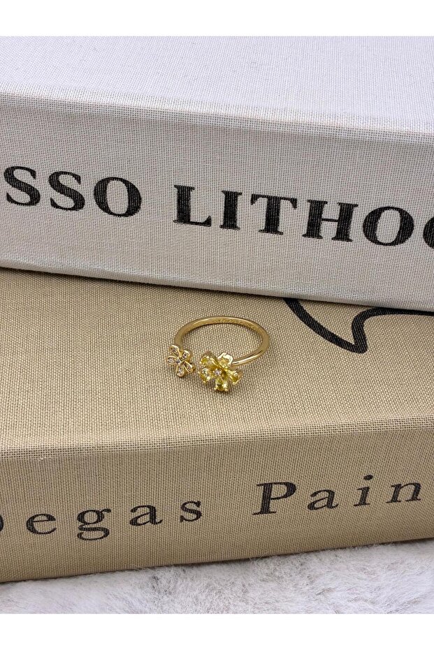 Gold Color Yellow Stone Double Flower Detailed Adjustable Minimal Brass Ring