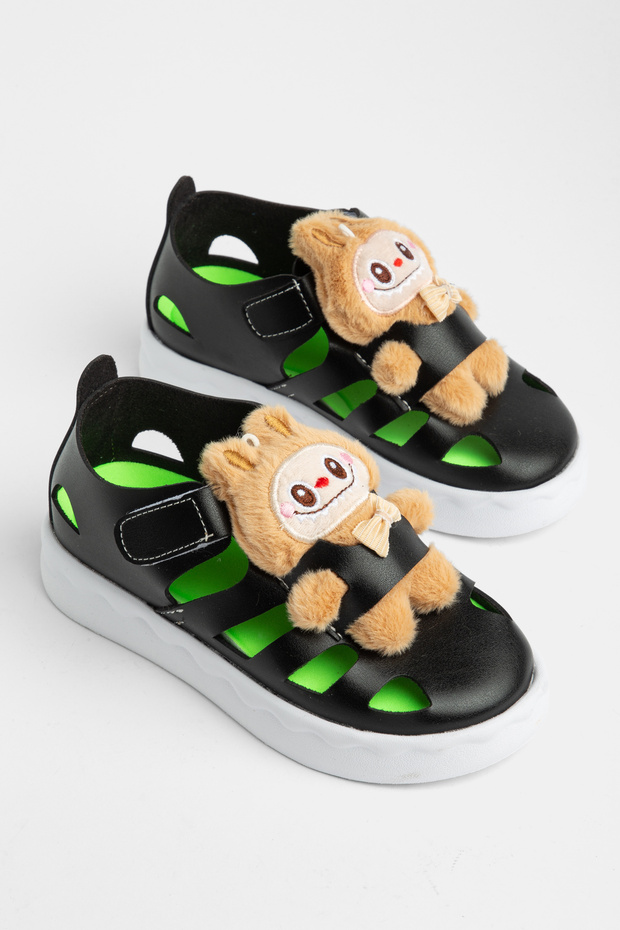 Children's Unisex Black Light Sole Teddy Bear Detailed Velcro Sandals