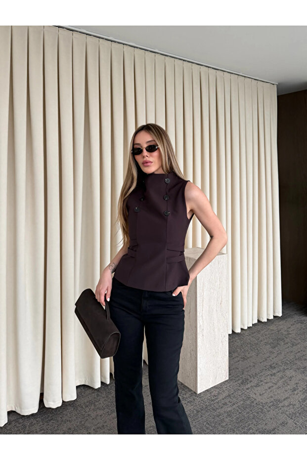 Brown Adjustable Belted Buttoned Blouse - 70265