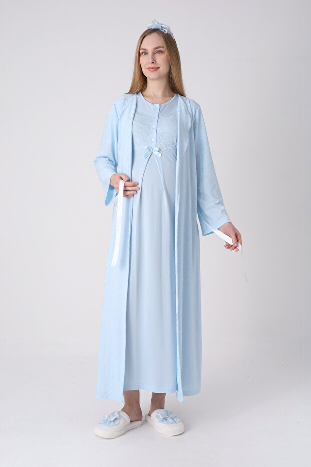 Patterned Textured Dressing Gown and Lace Detailed Maternity Nightgown 2-Piece Set