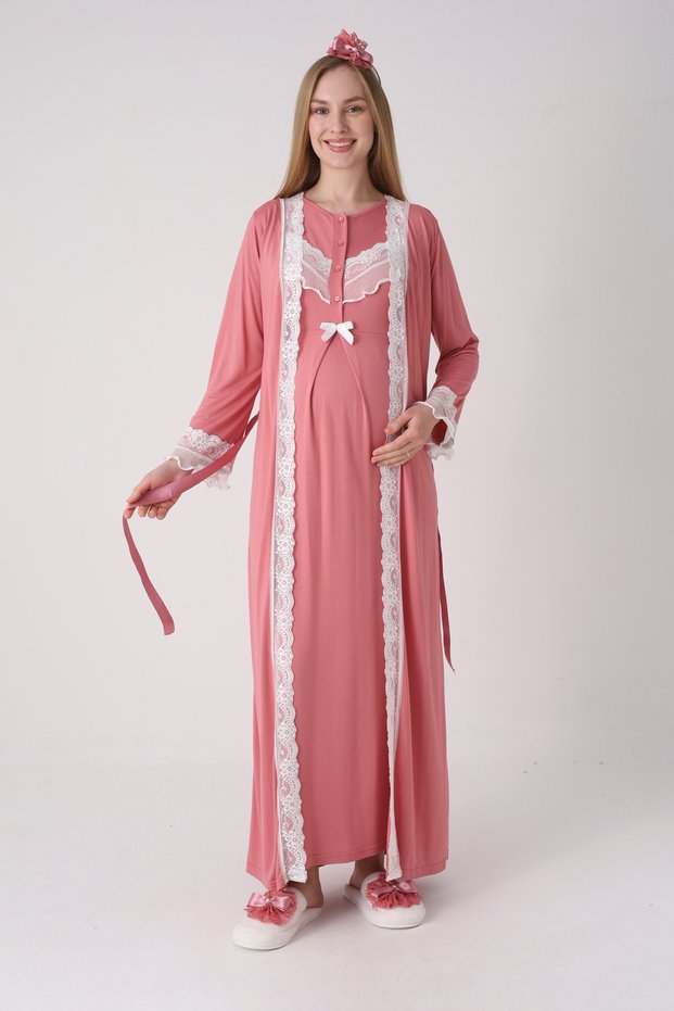 Maternity Nightgown Set - Maternity Nightgown with Lace Guipure Detail, 2-Piece Set