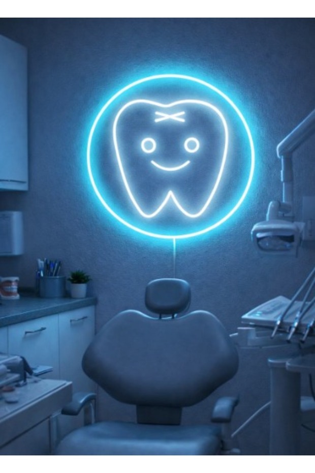 لافتة نيون على شكل سن مبتسم 51×51 سم مع إضاءة LED متعددة الألوان وقاعدة أكريليك 6 مم