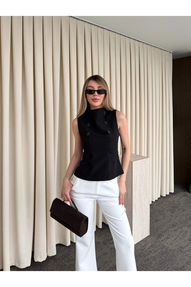 Black Adjustable Belted Buttoned Blouse - 70265