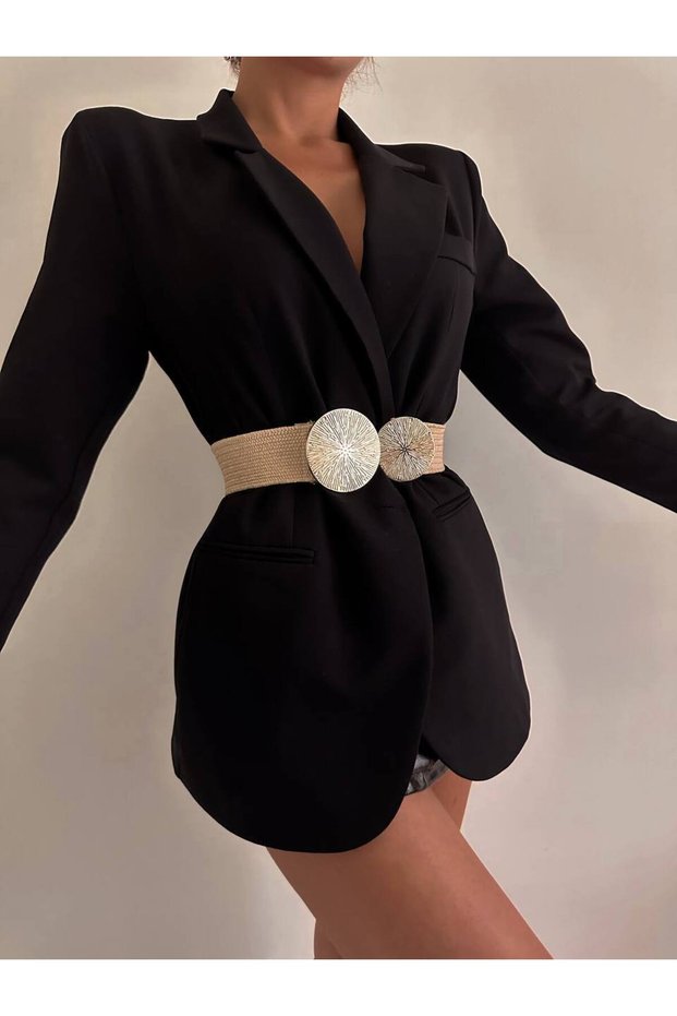 Gold Buckle Interlocking Elastic Women's Belt, Jacket Belt, Shirt Belt, Dress Belt