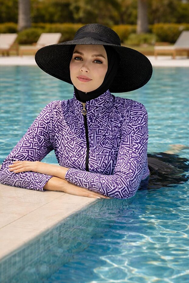 Rimal Full Covered Hijab Swimsuit with Ethnic Pattern, Set of 4 with Bonnet
