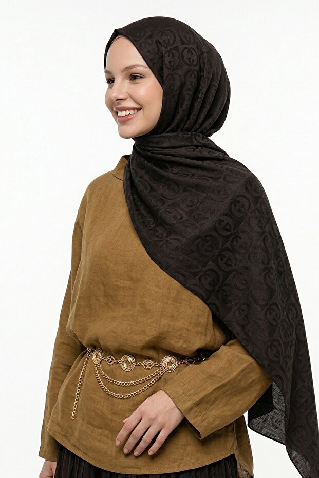 G Pattern Bitter Brown Jacquard Cotton Shawl
