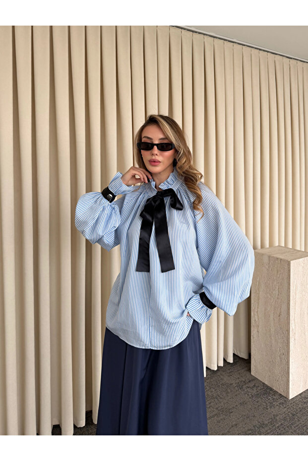 Blue Collared Shirt with Tie and Sleeve Detail - 102277
