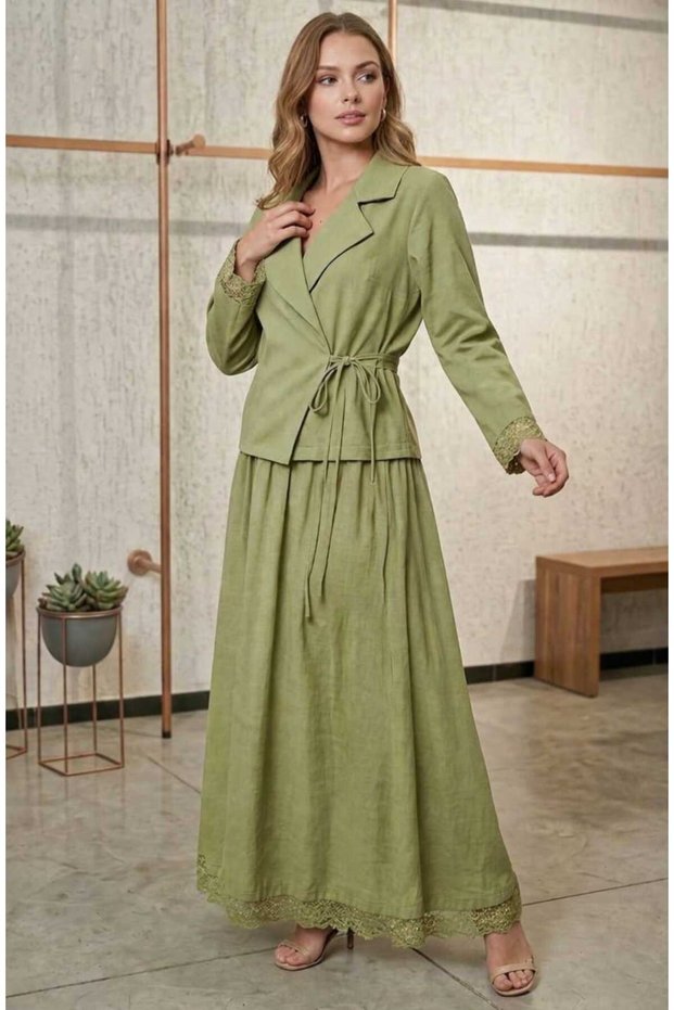 Lace Detailed Tie-Front Skirt and Jacket Double Linen Set