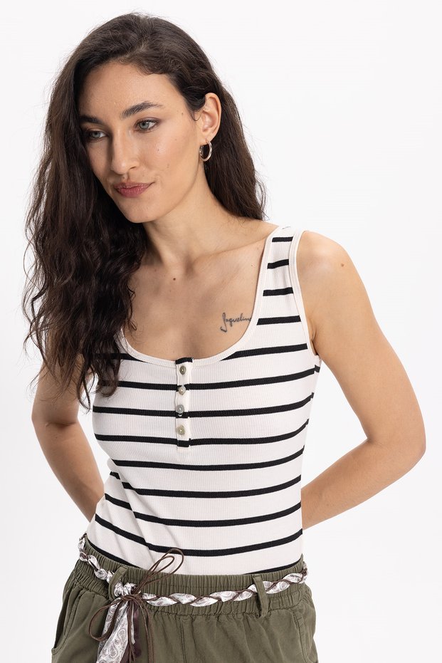 Women's Slim Fit Slim Fit Cotton Strappy Square Neck Striped White Crop Top