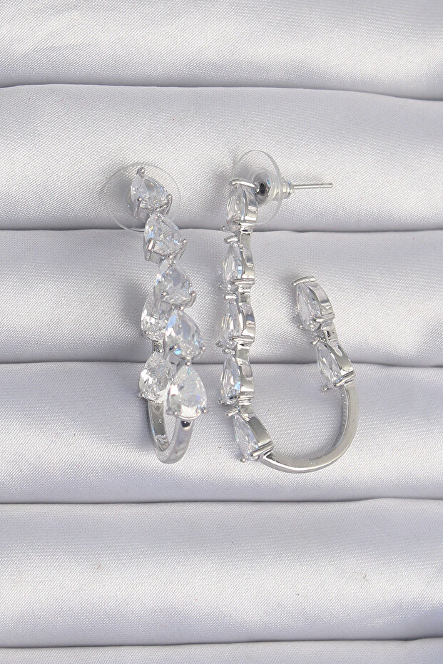 Brass Silver Color Drop Zircon Stone Designed Earrings