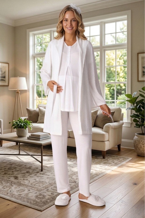 New Season Ecru Maternity Shawl Collar Summer Jacquard Design Short Sleeve Dressing Gown Pajama Set