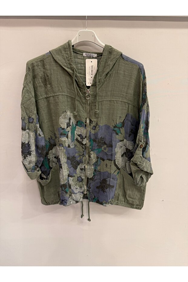 Women's Khaki Italian Floral Patterned Zippered Front Hooded Foldable Long Sleeve Blouse 40 - 46 Size