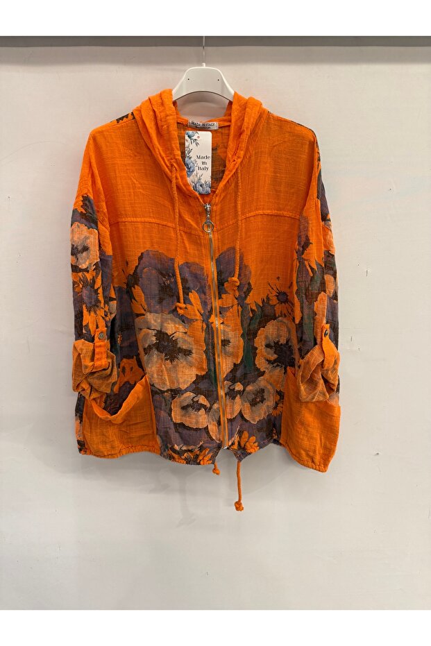 Women's Orange Italian Floral Patterned Zippered Front Hooded Foldable Long Sleeve Blouse 40 - 46 Size