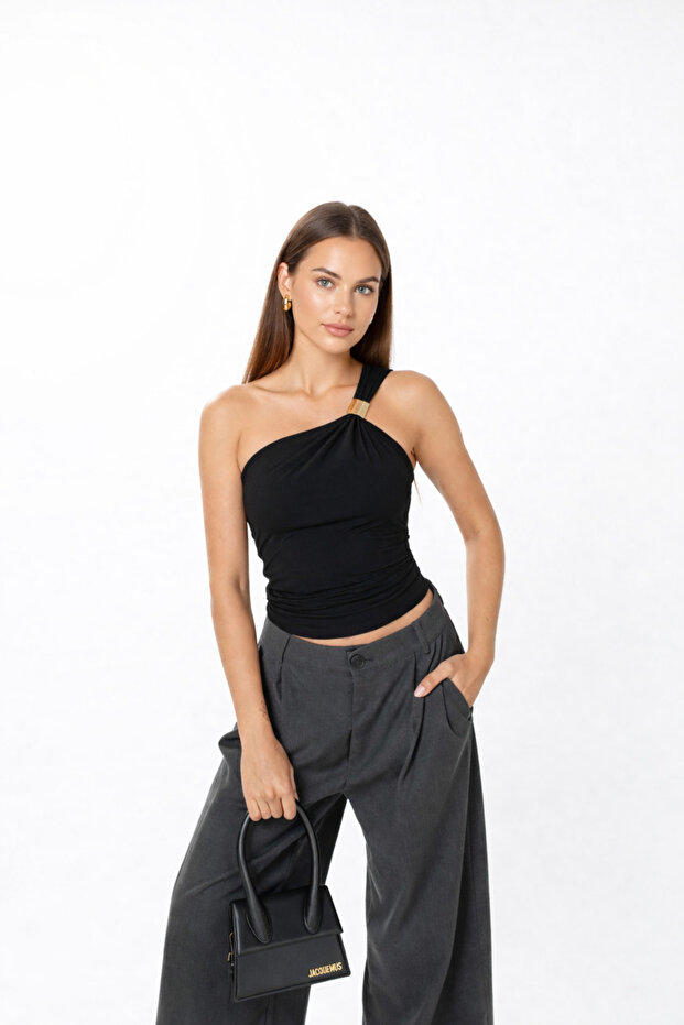 One-Shoulder Gold Detailed Women's Blouse
