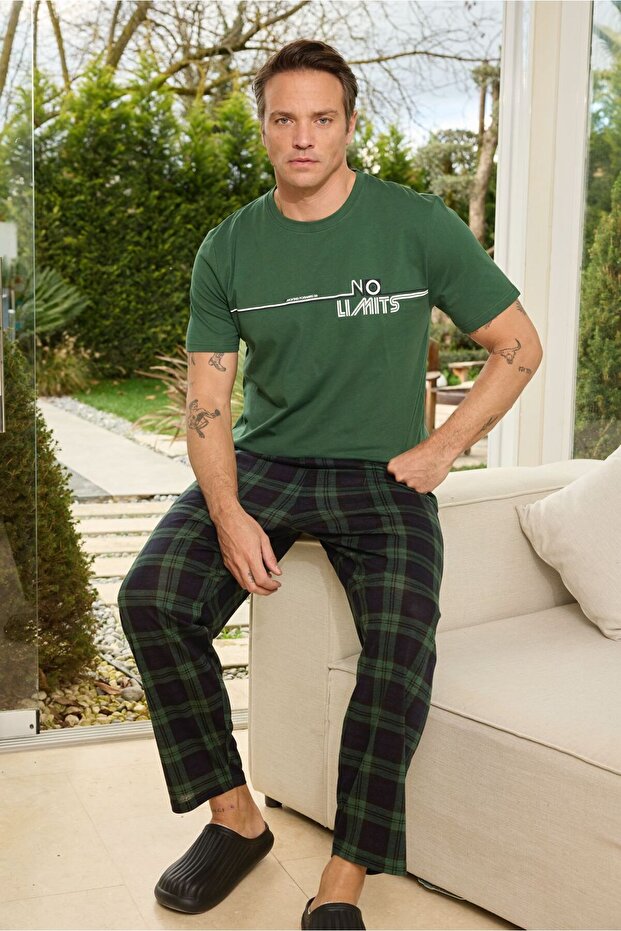 Premium Men's %100 Natural Cotton Plaid High Quality Short Sleeve Pocketed Pajama Set